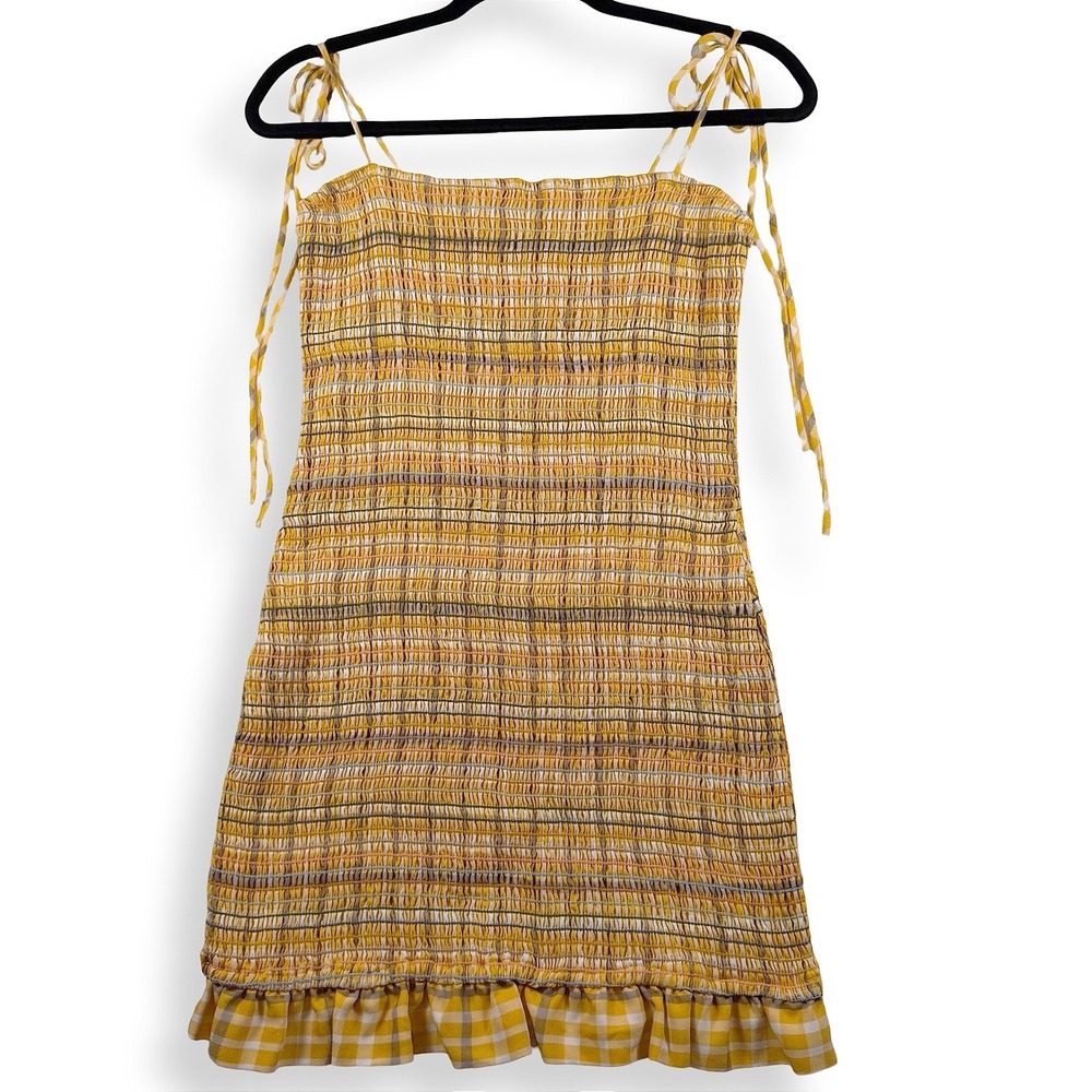 Cottagecore Womens Yellow Plaid Smocked Tie Strap Ruffle Hem Mini Dress Large